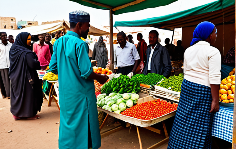 A professional image of a vibrant, bustling outdoor market scene in Hargeisa. Diverse individuals, fully clothed in modest and appropriate attire, are depicted engaging in polite, professional exchanges with vendors. The market is filled with colorful textiles, fresh produce, and traditional crafts. Soft, natural sunlight illuminates the busy atmosphere, showcasing genuine community interaction and warmth. Perfect anatomy, correct proportions, natural pose, well-formed hands, proper finger count, professional photography, high quality, safe for work, appropriate content, fully clothed, modest, family-friendly.