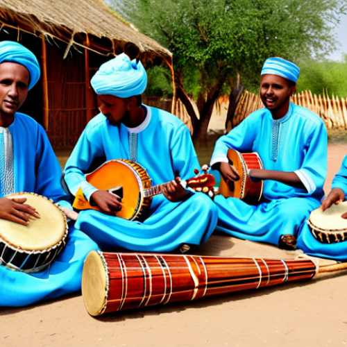 Home 15 Somali Musical Gathering**
"A group of fully clothed Somali musicians playing traditional instruments in a vibrant, family-friendly outdoor setting. The scene includes a 'kaban' (oud-like instrument), drums, and singers, all dressed in modest, colorful traditional attire. The background shows a traditional Somali home with safe for work, appropriate content, and natural poses. Professional photography, perfect anatomy, correct proportions, high quality."
**