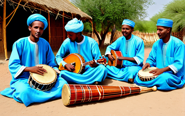 Somali Musical Gathering**

"A group of fully clothed Somali musicians playing traditional instruments in a vibrant, family-friendly outdoor setting. The scene includes a 'kaban' (oud-like instrument), drums, and singers, all dressed in modest, colorful traditional attire. The background shows a traditional Somali home with safe for work, appropriate content, and natural poses. Professional photography, perfect anatomy, correct proportions, high quality."

**