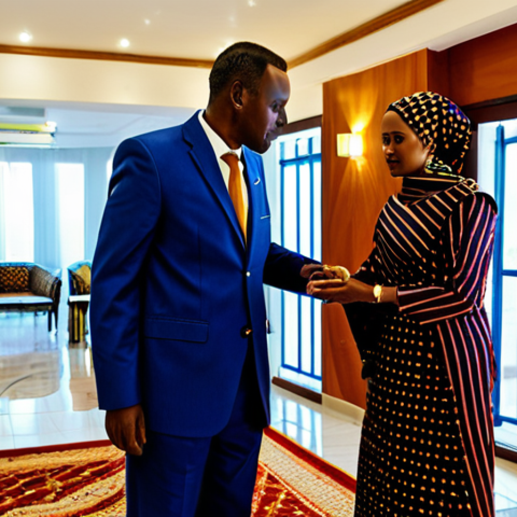 **

"A modern, five-star hotel lobby in Hargeisa, Somaliland. Professional attire, fully clothed individuals are checking in and being assisted by hotel staff. Tasteful, modern décor with subtle Somali cultural influences. Safe for work, appropriate content, perfect anatomy, well-formed hands, professional photography, high quality."

**