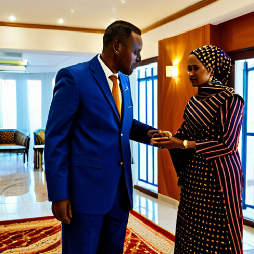 Home 14 **
"A modern, five-star hotel lobby in Hargeisa, Somaliland. Professional attire, fully clothed individuals are checking in and being assisted by hotel staff. Tasteful, modern décor with subtle Somali cultural influences. Safe for work, appropriate content, perfect anatomy, well-formed hands, professional photography, high quality."
**