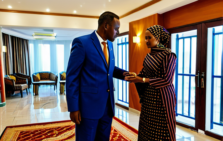 **

"A modern, five-star hotel lobby in Hargeisa, Somaliland. Professional attire, fully clothed individuals are checking in and being assisted by hotel staff. Tasteful, modern décor with subtle Somali cultural influences. Safe for work, appropriate content, perfect anatomy, well-formed hands, professional photography, high quality."

**