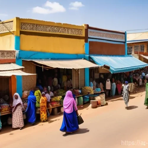 Home 15 소말릴란드와 아프리카 연합 관계 - **Prompt:** A vibrant, bustling street scene in Hargeisa, Somaliland. The image should depict a mode...