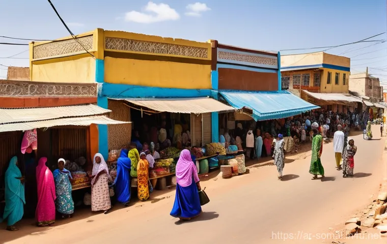 소말릴란드와 아프리카 연합 관계 - **Prompt:** A vibrant, bustling street scene in Hargeisa, Somaliland. The image should depict a mode...