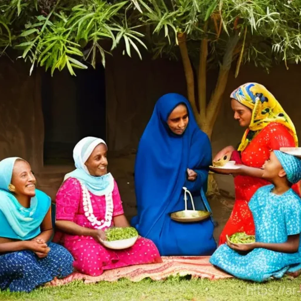 소말릴란드 전통적인 가족 구조 - **Prompt:** A heartwarming scene of a multi-generational Somali extended family gathered in a bright...