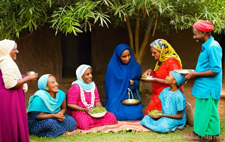 소말릴란드 전통적인 가족 구조 - **Prompt:** A heartwarming scene of a multi-generational Somali extended family gathered in a bright...