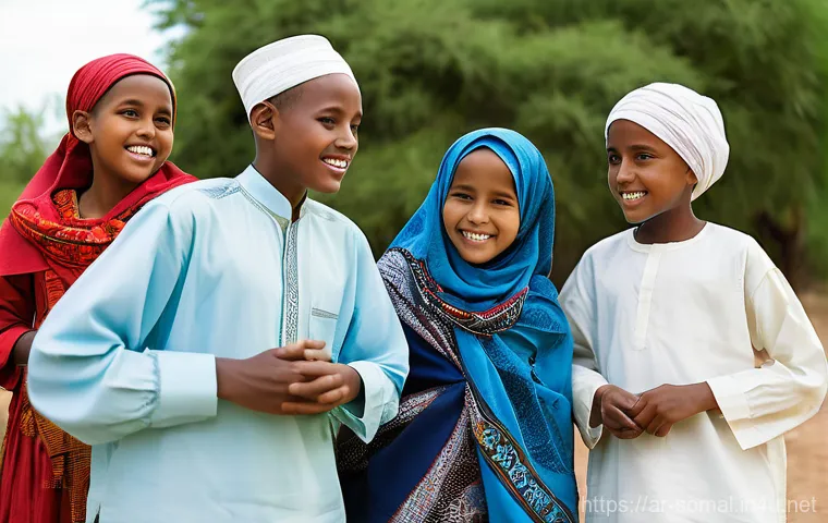 소말릴란드의 민속 춤 - **"Energetic Dabce Coastal Celebration"**
    A dynamic scene capturing a mixed group of Somali men ...