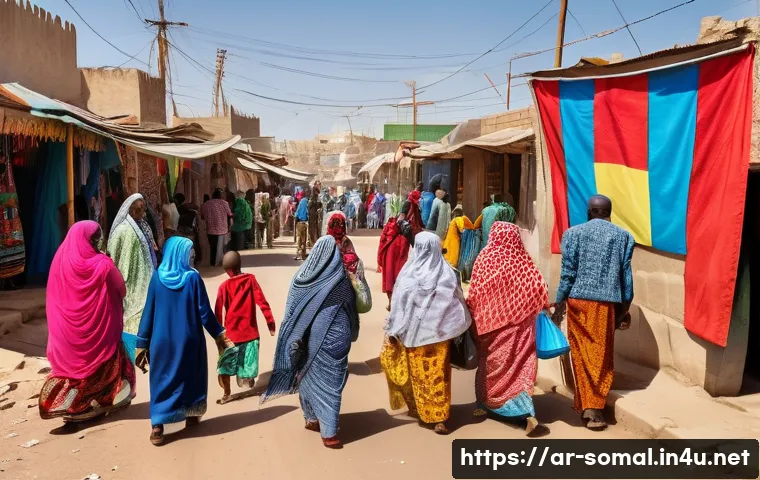 소말릴란드 독립 선언 - A vibrant street scene in Hargeisa, Somaliland, featuring diverse citizens engaging in daily activit...