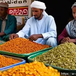 소말릴란드로 수출 가능한 상품 - A vibrant market scene in Somaliland featuring fresh agricultural products prominently displayed: co...