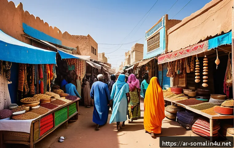 하르게이사 시장 탐방 - A bustling traditional market scene in Hargeisa during daylight, showcasing a vibrant mix of Somali ...