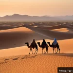 소말릴란드 사막 투어 - A vast desert landscape in Somaliland during golden hour, featuring endless rolling golden sand dune...