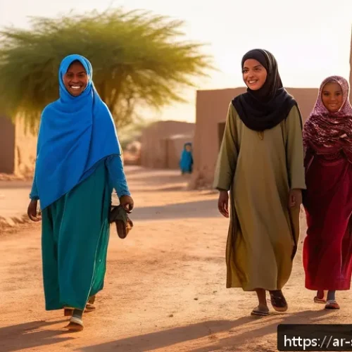 소말릴란드에서 사진 촬영 주의사항 - A respectful rural Somaliland village scene during golden hour, showing local men and women wearing ...