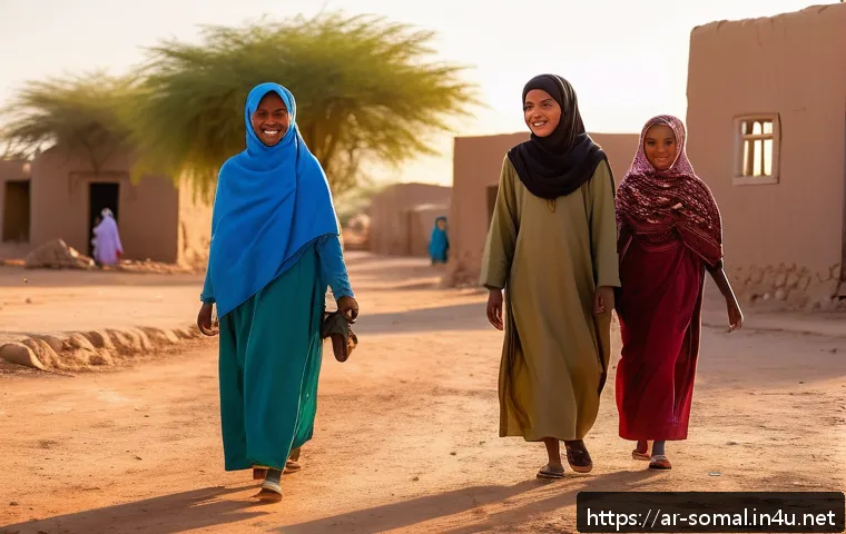 소말릴란드에서 사진 촬영 주의사항 - A respectful rural Somaliland village scene during golden hour, showing local men and women wearing ...