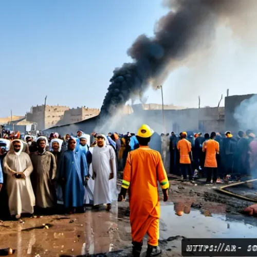 소말릴란드 주요 사건사고 사례 - Photorealistic emergency scene in a crowded Hargeisa market after a major fire, firefighters directi...