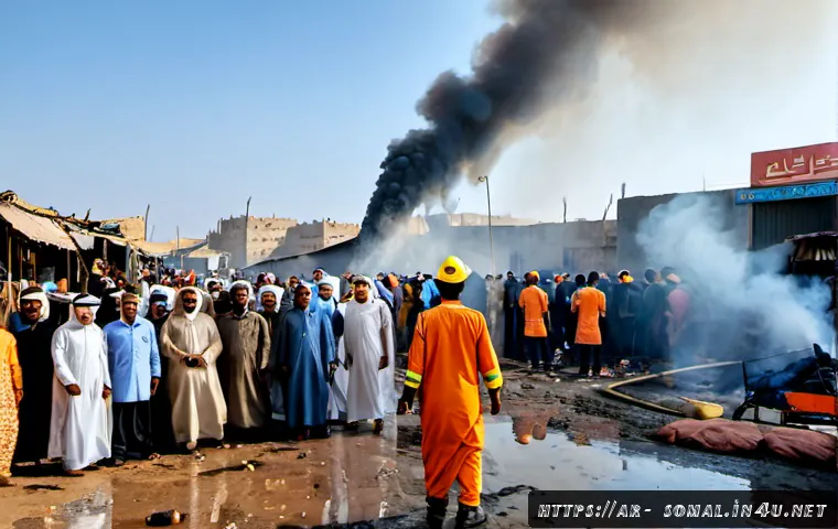 소말릴란드 주요 사건사고 사례 - Photorealistic emergency scene in a crowded Hargeisa market after a major fire, firefighters directi...
