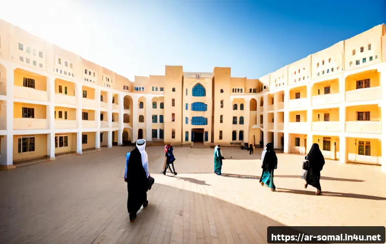 소말릴란드의 고등교육 기관 - Photorealistic wide-angle view of a modern higher education campus in Hargeisa, Somaliland, sunlit s...