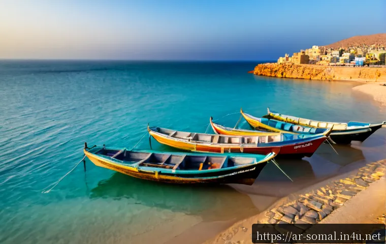 Home 30 소말릴란드 해안 도시 탐방 - Photorealistic wide-angle view of a Somaliland coastal city at sunrise, low white and sand-colored b...