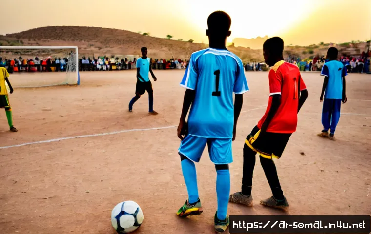 Home 17 소말릴란드의 스포츠 문화 - Photorealistic football match in Hargeisa, Somaliland, young male players in modest colorful kits wi...